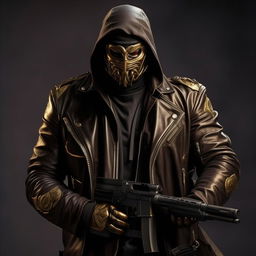 An intricately detailed image of a Syrian thug wearing a threatening mask. In his hands, he grips an SMG, dressed in a dark leather jacket with gold accents. He looks furious, emanating ominous supervillain power.