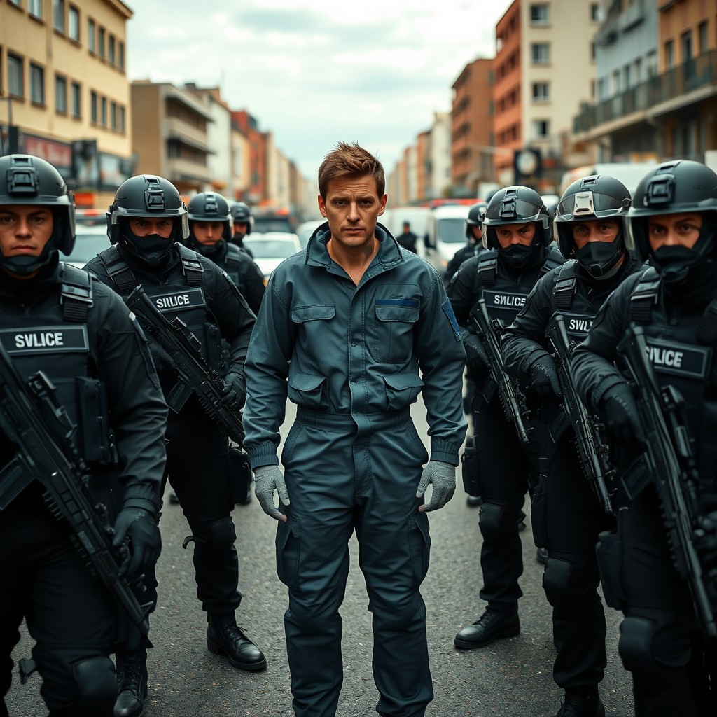 A dynamic scene featuring a group of SWAT team members in tactical black gear, showcasing their serious and focused expressions as they prepare for a mission