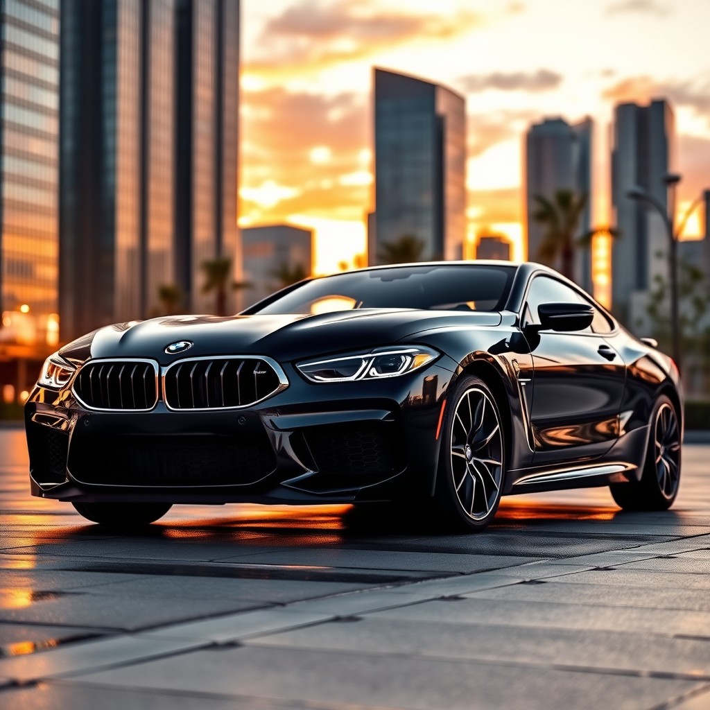 A sleek, glossy black BMW M8 Coupe parked on a modern city street at sunset