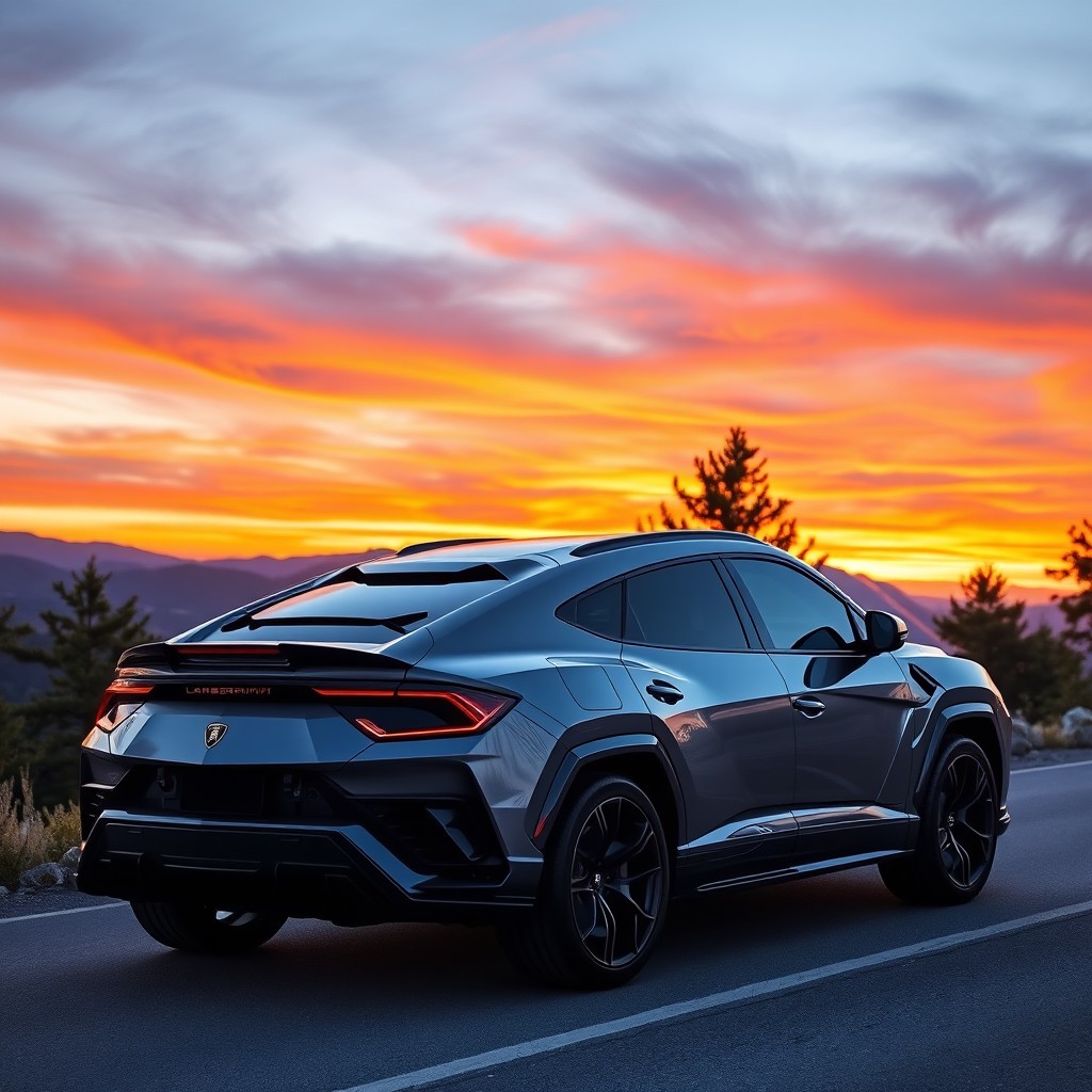 A luxurious Lamborghini Urus, showcased on a scenic mountain road during golden hour, with vibrant orange and purple hues in the sky