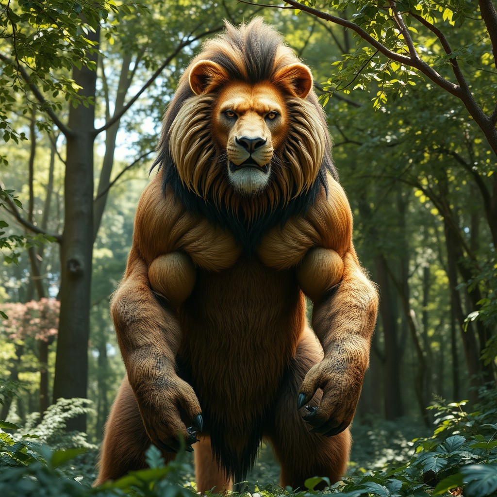 A majestic creature that is a blend of a lion, a bear, and a human