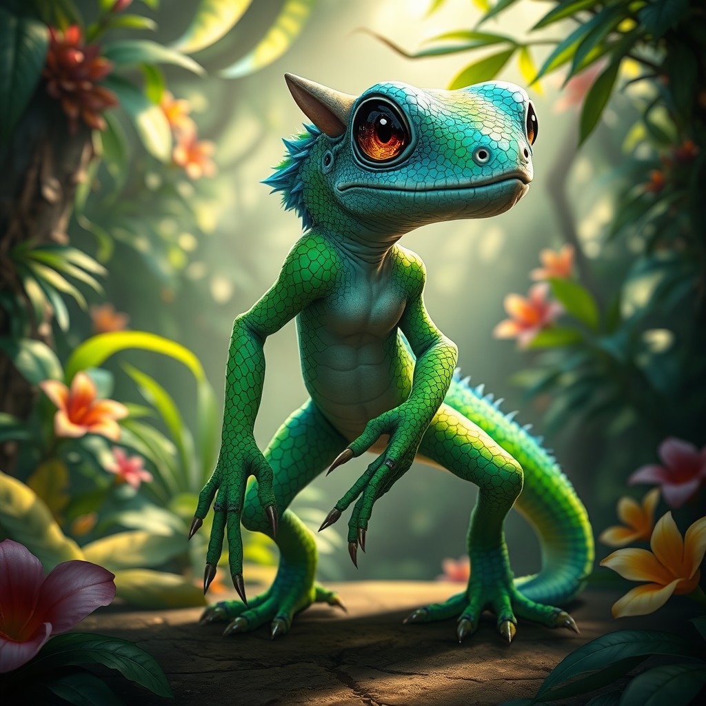 A fantastical gecko-human hybrid character, featuring vibrant green and blue scales intertwined with soft human skin