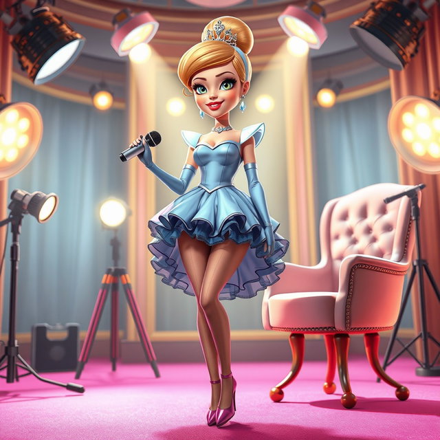 A cartoon depiction of Princess Cinderella in a 3D illustration, wearing an extravagant micro mini dress skirt paired with long stockings and high heel shoes