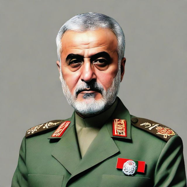 A respectful portrait of Qasem Soleimani, a high-ranking official in Iranian military, in uniform with an earnest expression.