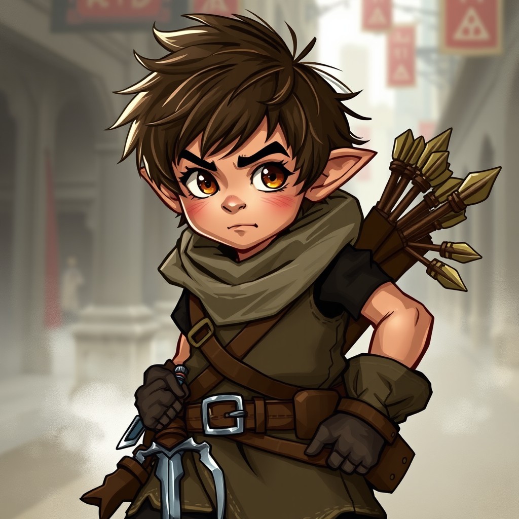 A male halfling Rogue Thief character art, featuring a rugged yet scrawny build, with tousled brown hair and expressive brown eyes