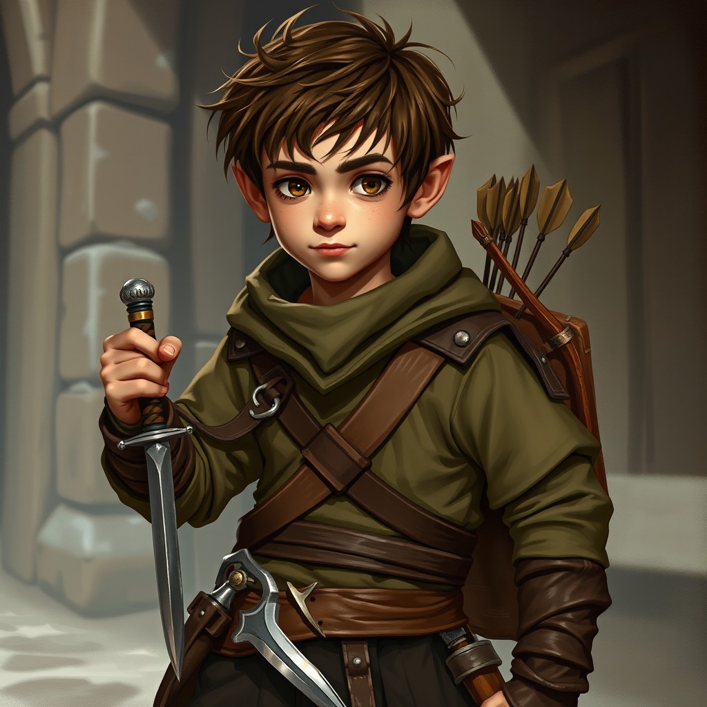 Realistic character art of a male halfling Rogue Thief, featuring his rugged yet scrawny stature