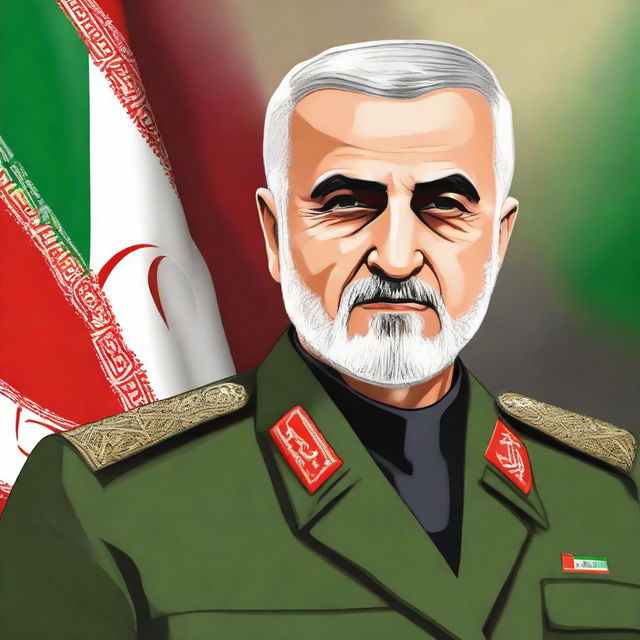 A respectful depiction of Major General Qasem Soleimani in formal military attire with a background showing the national flag of Iran.