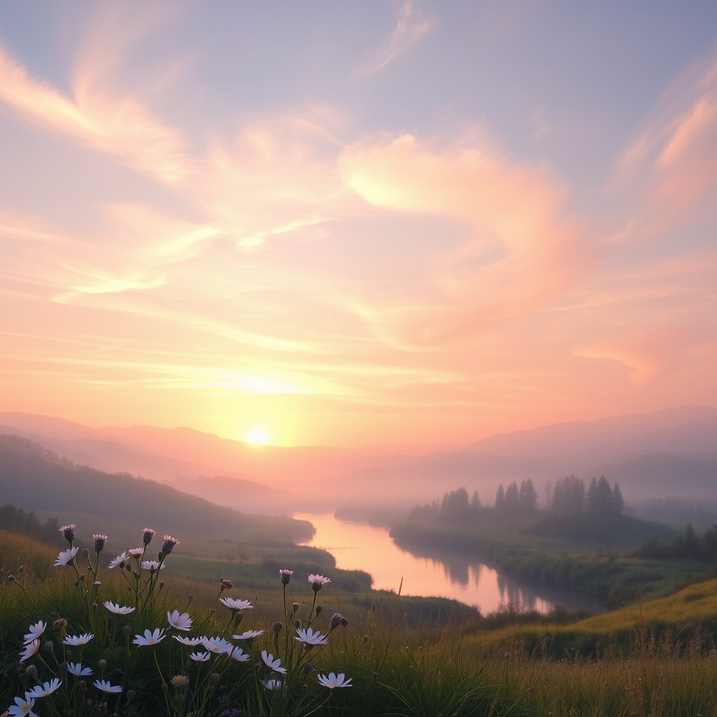 A serene and ethereal landscape depicting soft, flowing hills under a harmonious, pastel-colored sky at dawn