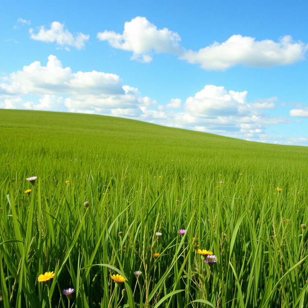 A peaceful and serene field of lush green grass, swaying gently in the breeze under a clear blue sky with fluffy white clouds scattered throughout
