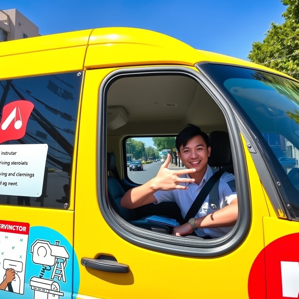A cheerful Asian driving instructor inside a bright and colorful driving school van, with large school instructional decals on the sides