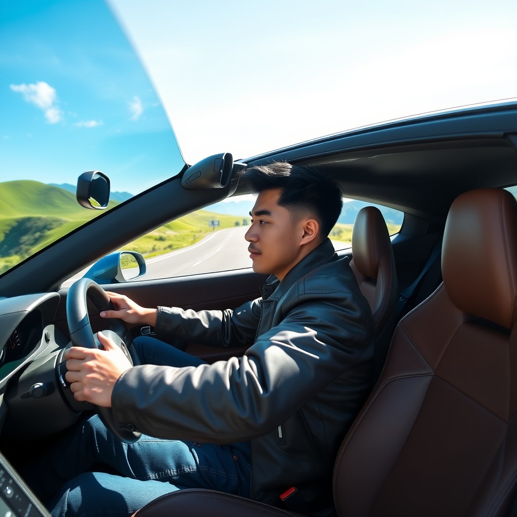 A skilled Asian man driving a sleek, modern sports car on a picturesque highway