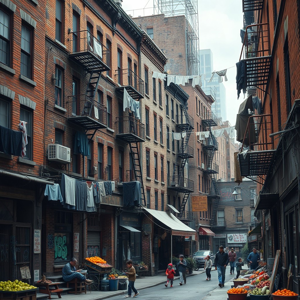 A gritty, atmospheric depiction of the old poor side of New York City, showcasing crumbling brick buildings, rusty fire escapes, and vintage storefronts