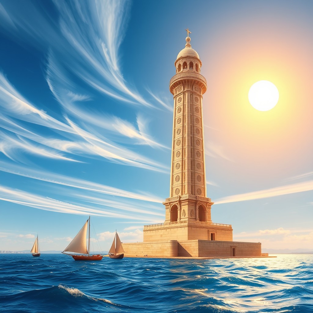 A grand and majestic depiction of the Alexandria Lighthouse, known as the Pharos of Alexandria