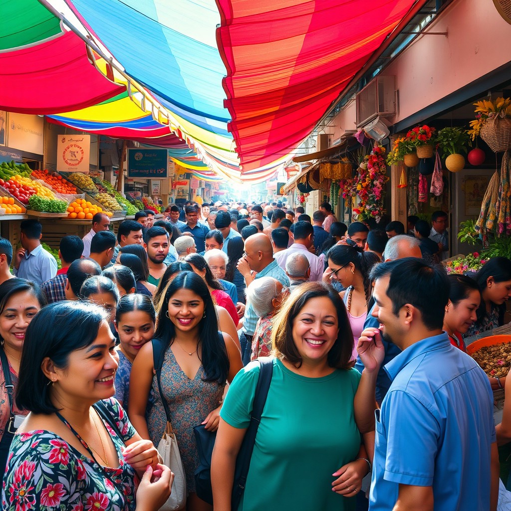 A vibrant marketplace bustling with a diverse crowd of people, showcasing a variety of ethnicities and ages, engaged in lively conversations and shopping
