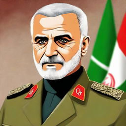 A respectful depiction of Major General Qasem Soleimani in formal military attire with a background showing the national flag of Iran.