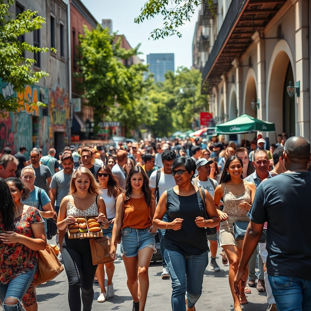 A lively urban street scene filled with a diverse group of people, showcasing a variety of ethnicities and styles