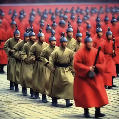 During military parades in ancient China, soldiers marched in lockstep as a display of unity and discipline.