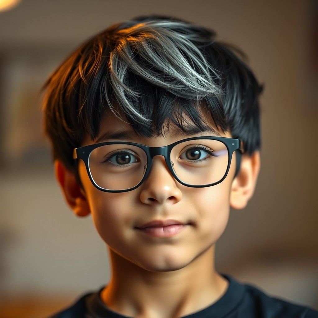 A portrait of a young boy, around 12 years old, with striking black hair and a distinctive strand of white hair at the front