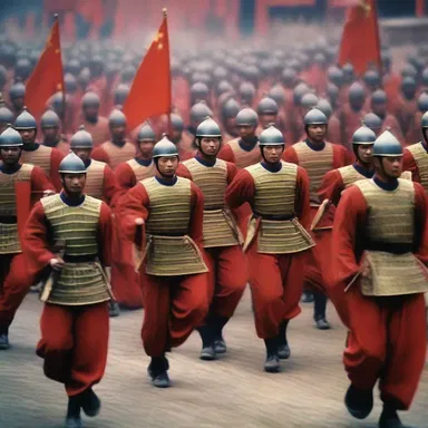 During military parades in ancient China, soldiers marched in lockstep as a display of unity and discipline.