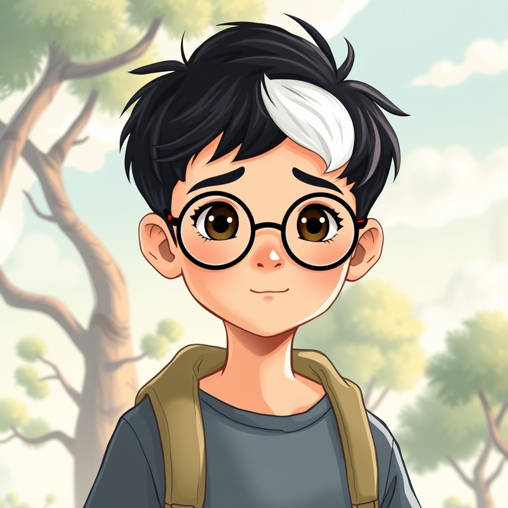 An illustration of a 12-year-old boy with deep black hair featuring a single standout strand of white at the front