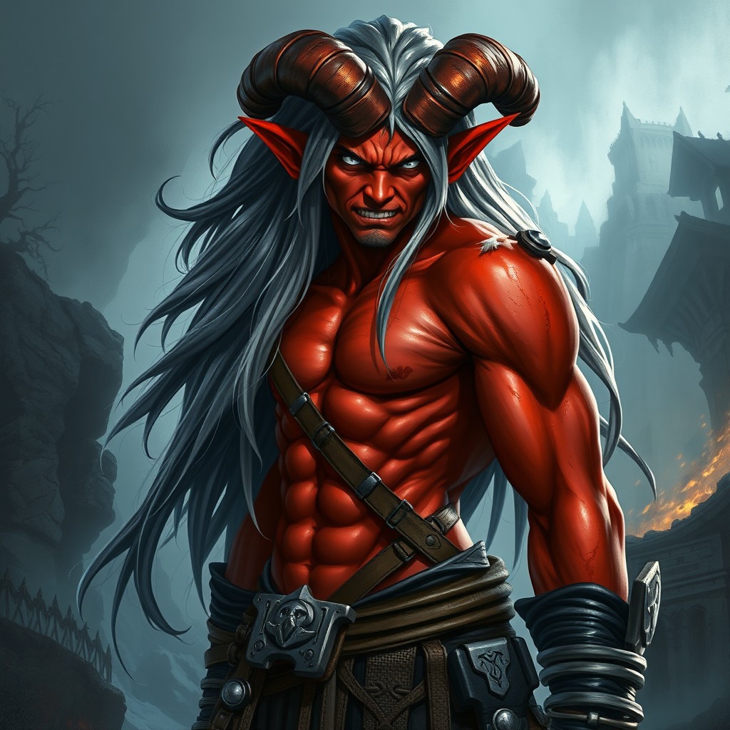 A 40-year-old male Tiefling character with striking rust-coloured skin, metallic silver eyes, and long, flowing silver-black hair