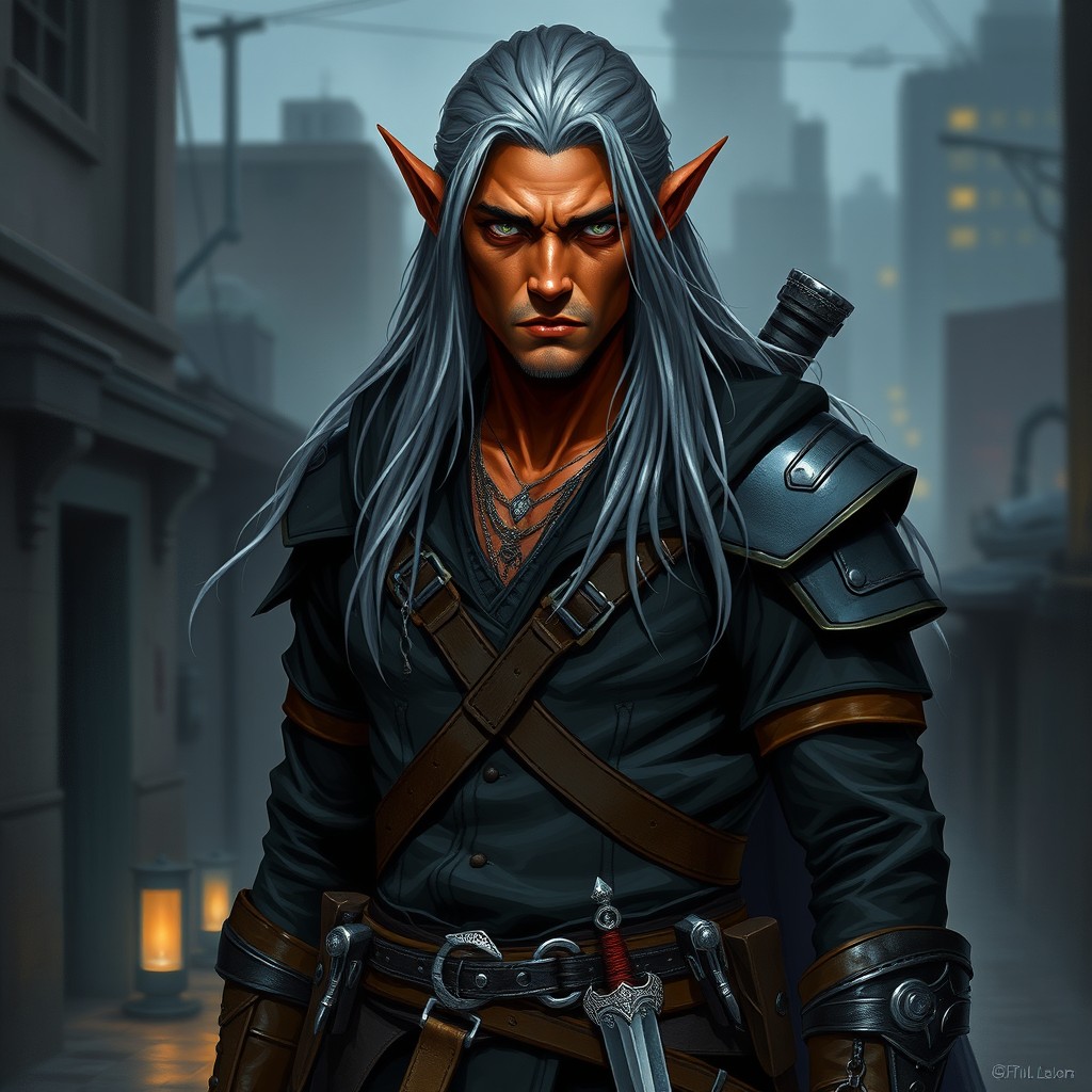 A 43-year-old male DnD Tiefling rogue, featuring rust-colored skin, striking silver eyes, and long, sleek silver-black hair