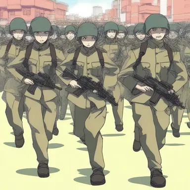 In the anime show, the soldiers move in lockstep as they march forward in their coordinated battle formation.