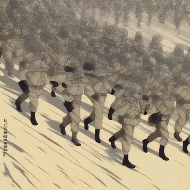 In the anime show, the soldiers move in lockstep as they march forward in their coordinated battle formation.