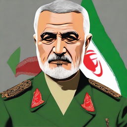 A respectful depiction of Major General Qasem Soleimani in formal military attire with a background showing the national flag of Iran.