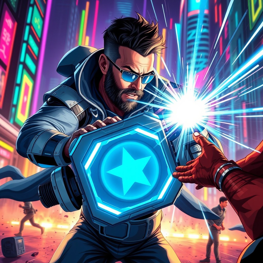 A dynamic and futuristic action scene depicting George Droyd in an intense battle with Narcan, showcasing his revolutionary device, the Fent Reactor 2
