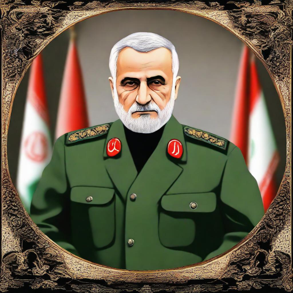 A respectful depiction of Major General Qasem Soleimani in formal military attire with a background showing the national flag of Iran.