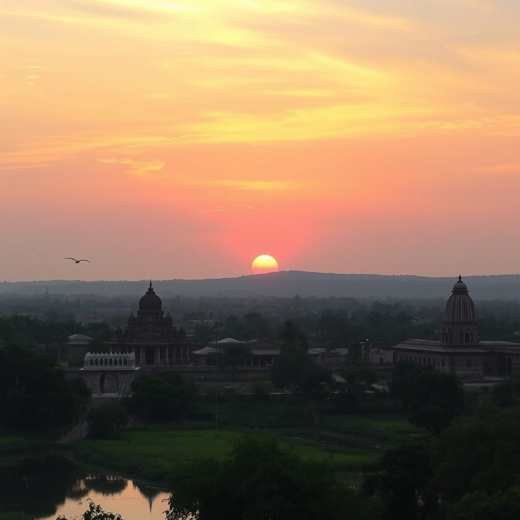 An enchanting sunrise over the ancient city of Ayodhya, featuring the silhouette of traditional Indian temples and structures with intricate architectural details