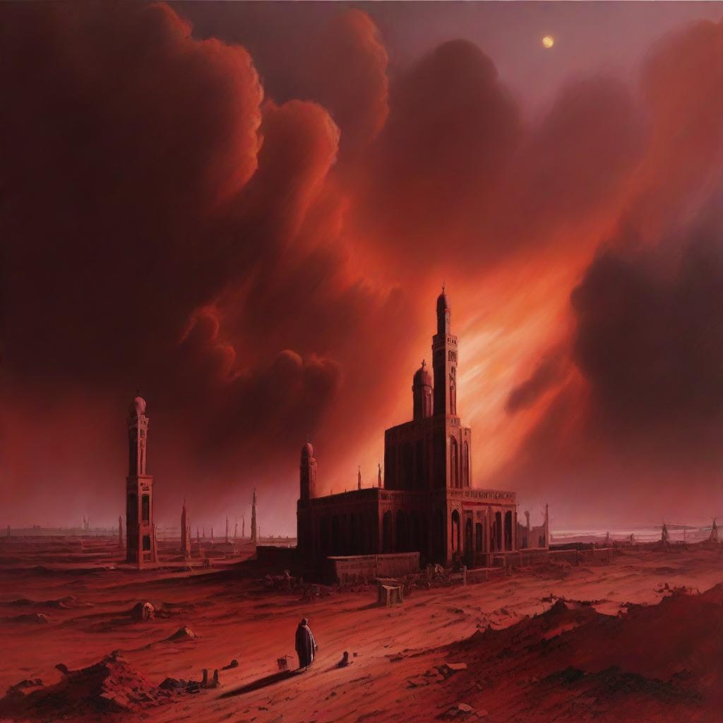 A symbolic interpretation of 'Jahannam', the Islamic conception of hell, depicting a desolate, fiery landscape with looming crimson skies and ominous architecture.