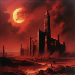 A symbolic interpretation of 'Jahannam', the Islamic conception of hell, depicting a desolate, fiery landscape with looming crimson skies and ominous architecture.