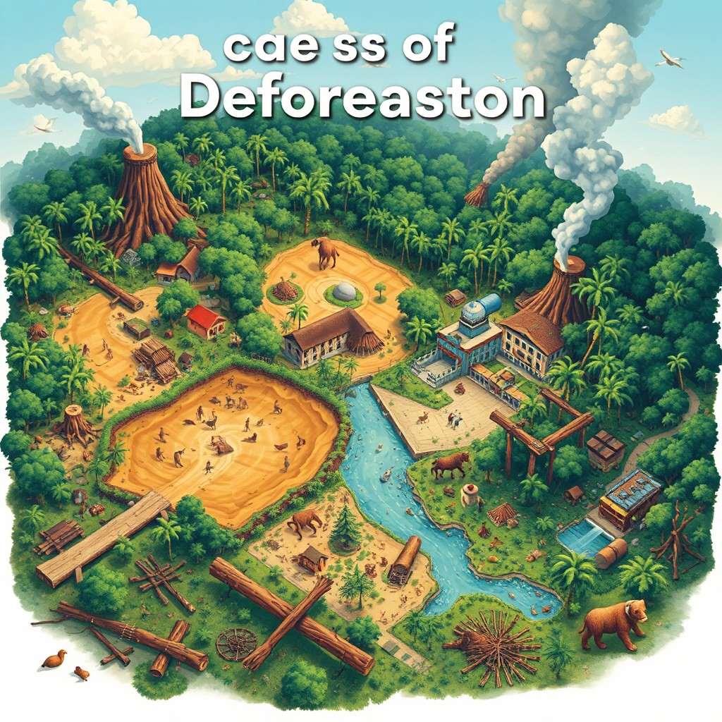 A visually stunning illustration showcasing the causes of deforestation, including elements like logging, agriculture, urban development, and climate change effects in a tropical forest environment