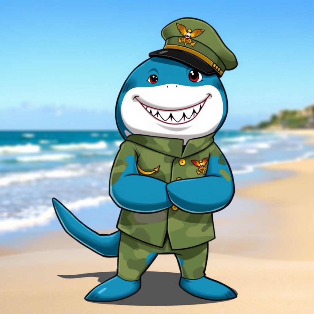 A cartoonish shark wearing a military uniform, complete with a cap and medals, standing confidently with its fins crossed