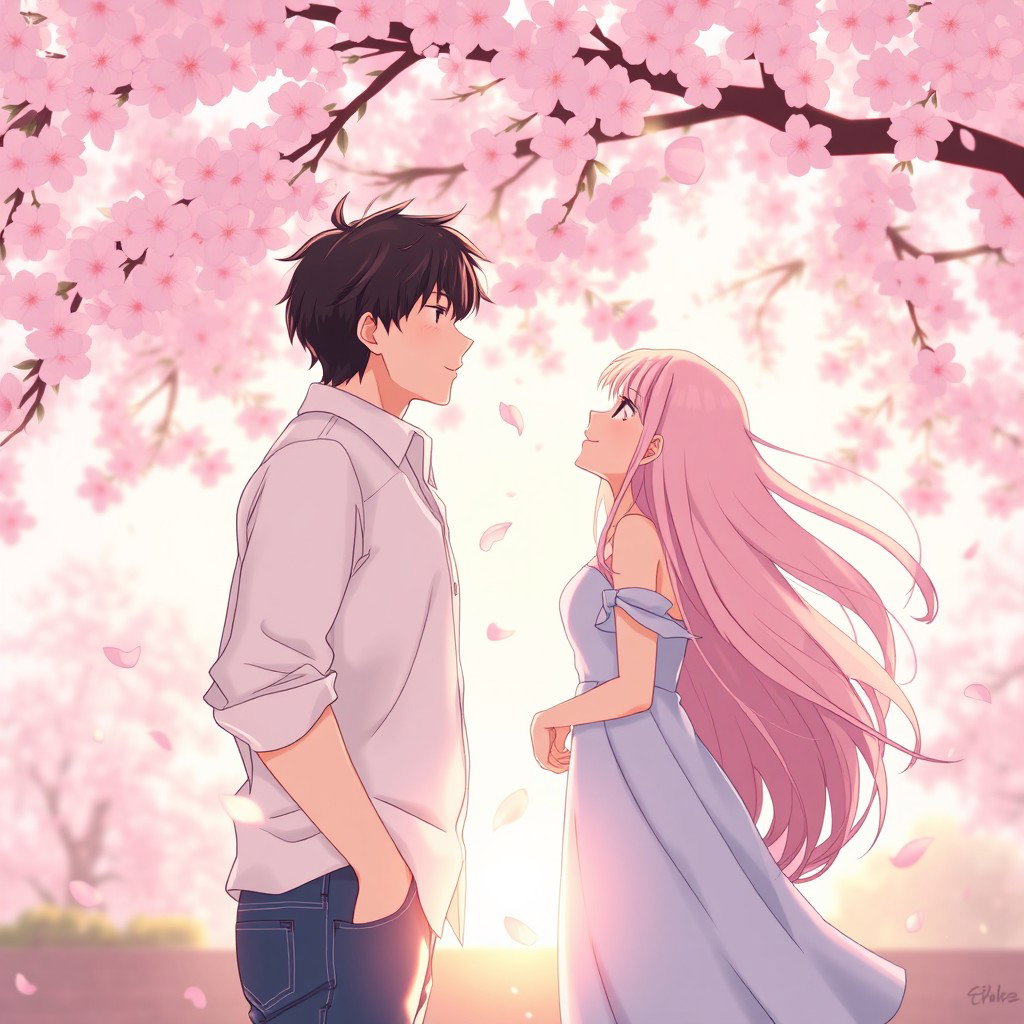 A romantic anime couple standing under a cherry blossom tree during a spring afternoon