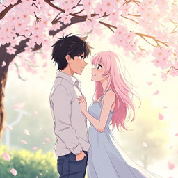A romantic anime couple standing under a cherry blossom tree during a spring afternoon