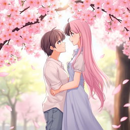 A romantic anime couple standing under a cherry blossom tree during a spring afternoon