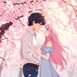 A romantic anime couple standing under a cherry blossom tree during a spring afternoon
