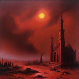 A symbolic interpretation of 'Jahannam', the Islamic conception of hell, depicting a desolate, fiery landscape with looming crimson skies and ominous architecture.