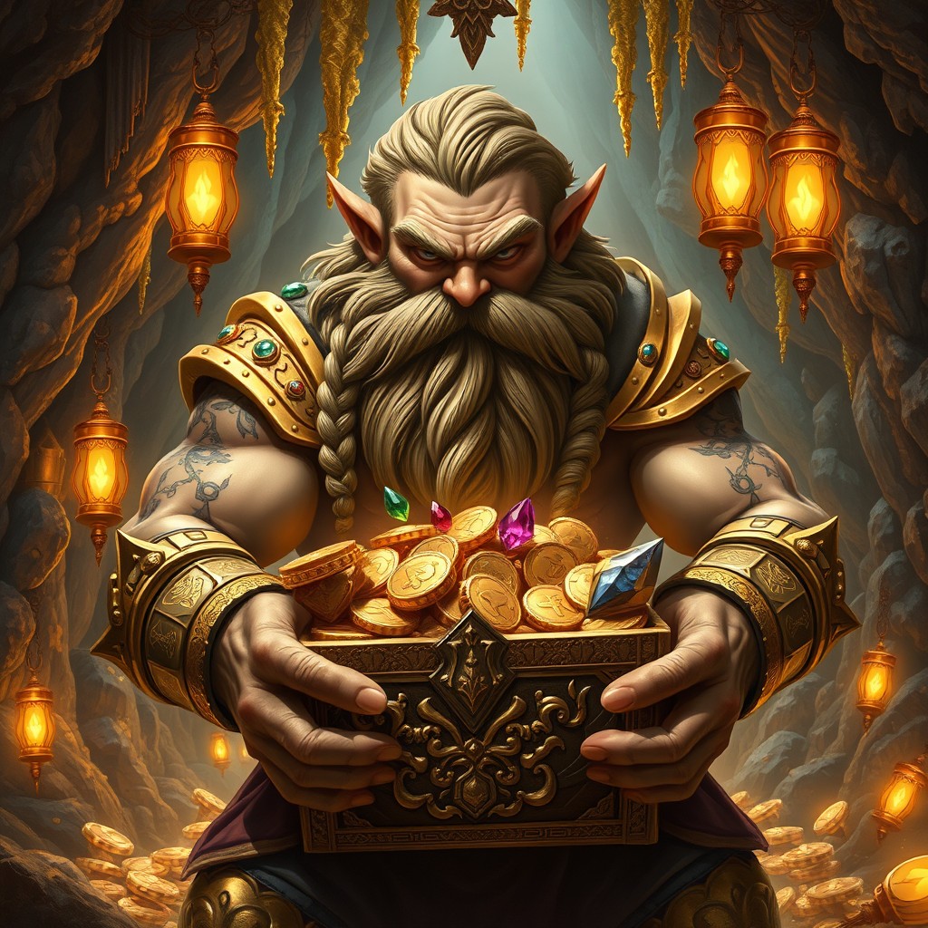 A powerful and imposing dwarf god of greed, depicted in an intricate and elaborate fantasy setting