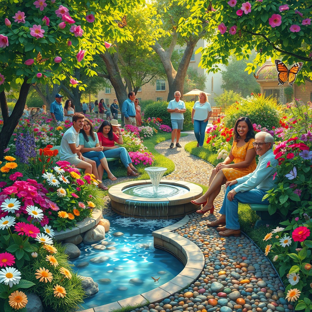 A joyful scene exemplifying happiness in a vibrant garden filled with blooming flowers in all colors, butterflies fluttering around, a small fountain bubbling with crystal-clear water, and sunlight streaming through the lush green leaves of trees