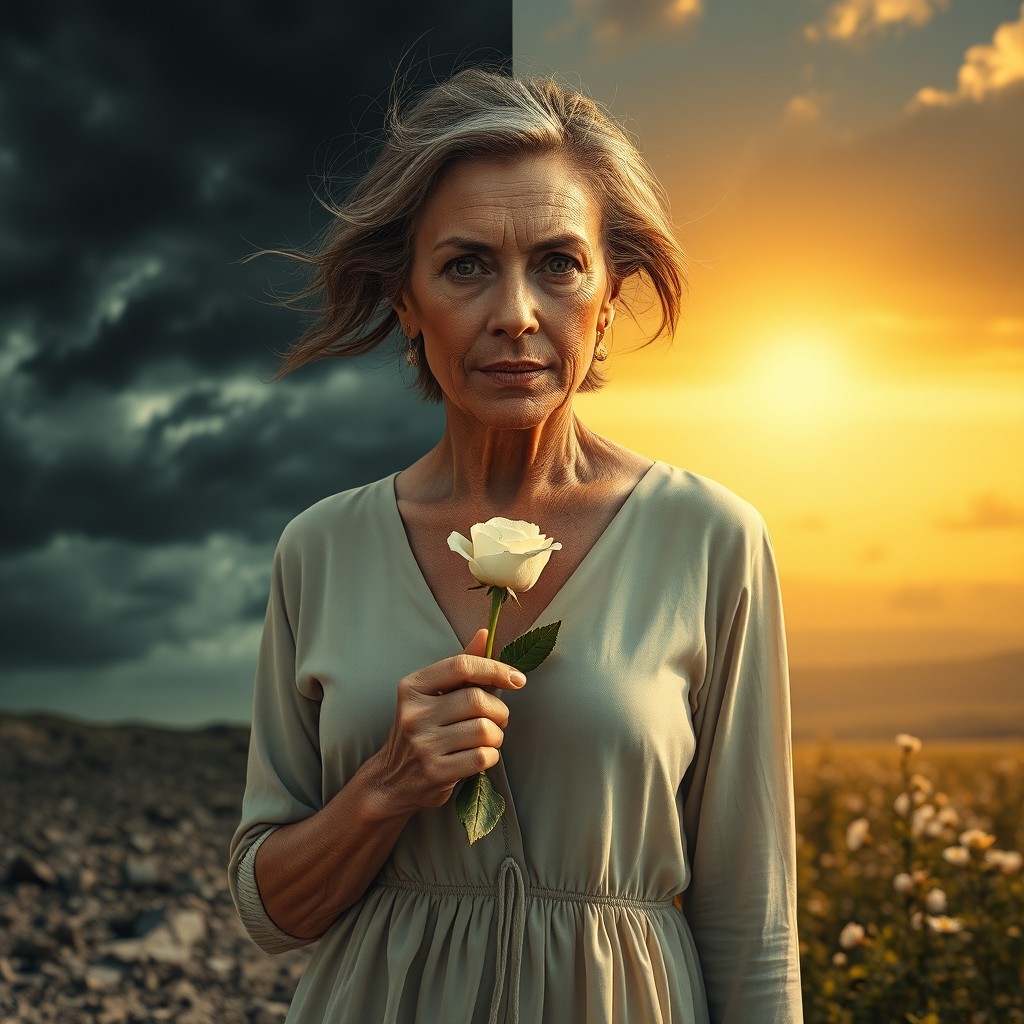 A powerful cinematic poster featuring a strong mature woman in her late 40s or 50s, standing alone with dignity and inner strength