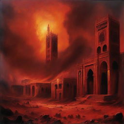 A symbolic interpretation of 'Jahannam', the Islamic conception of hell, depicting a desolate, fiery landscape with looming crimson skies and ominous architecture.