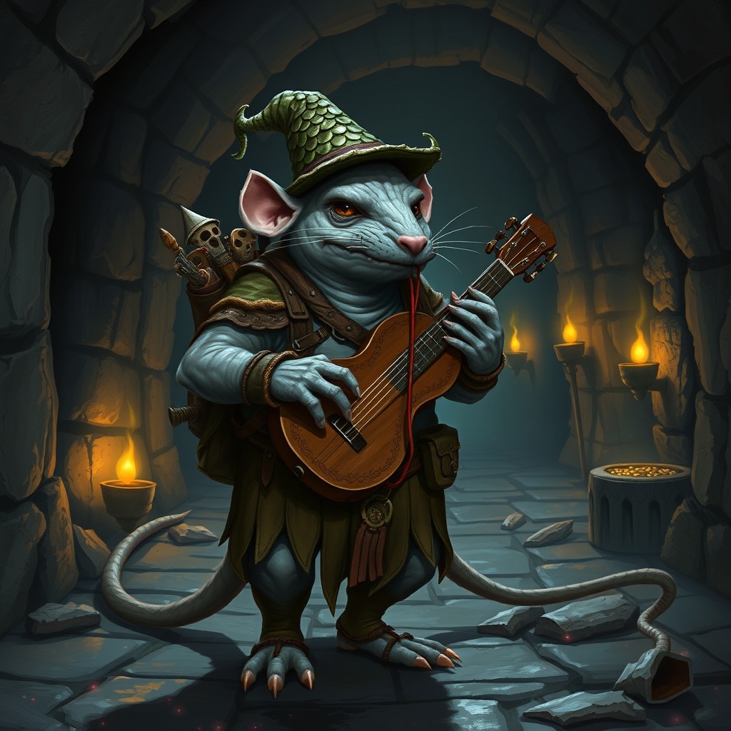 A plump, mottled gray humanoid rat zombie in lightweight leather armor