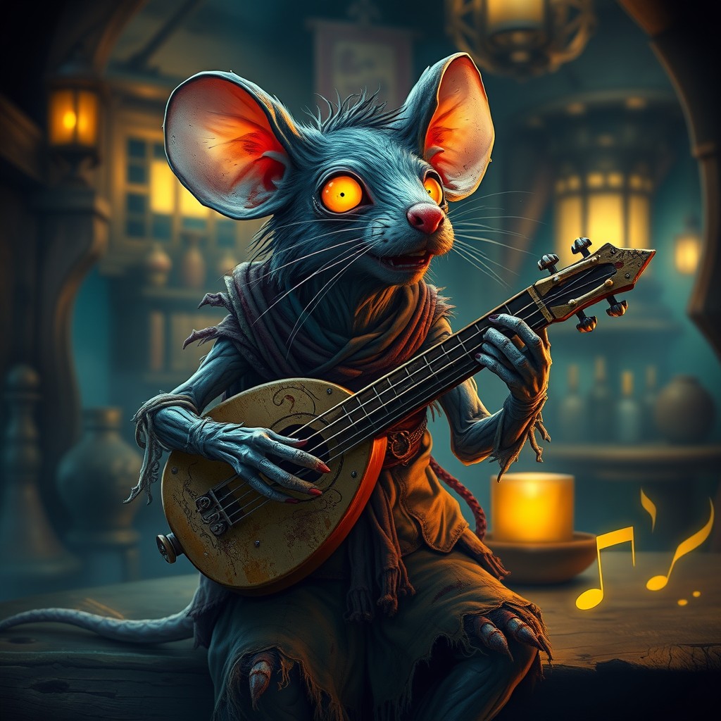 A medium zombie bard mouse inspired by Dungeons & Dragons, featuring an artistic blend of undead elements and musical charisma