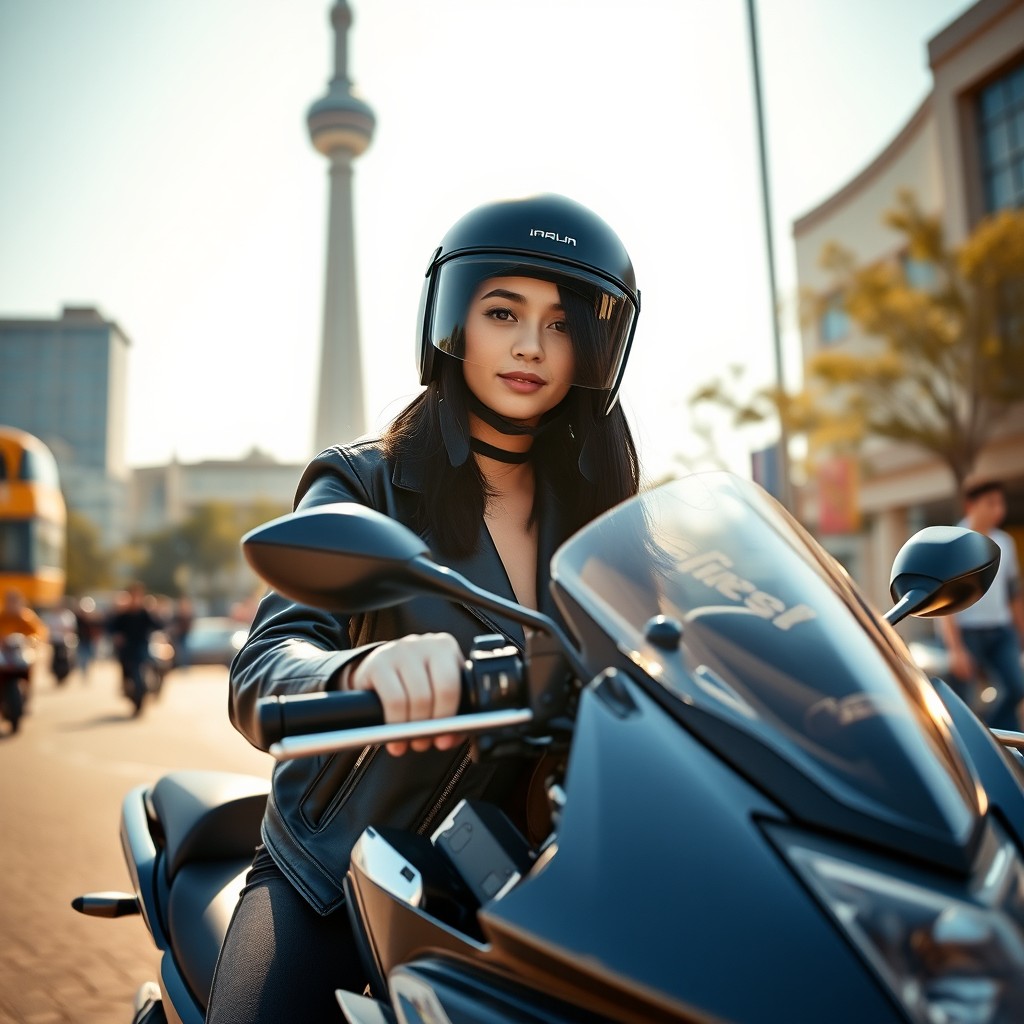 A girl with straight black hair wearing a stylish helmet and leather jacket confidently riding a sleek motorbike