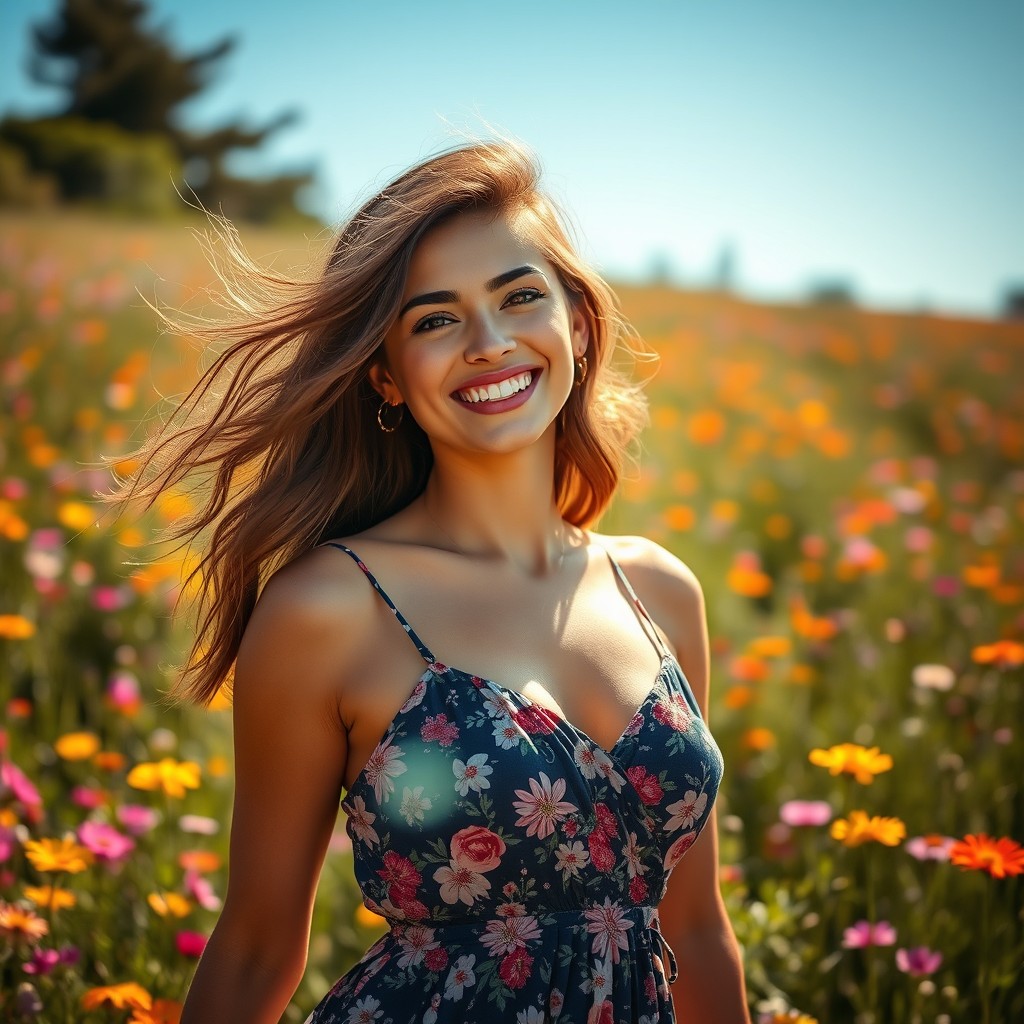 A beautiful and confident woman posing in a stunning sundress in a sun-drenched meadow filled with vibrant wildflowers