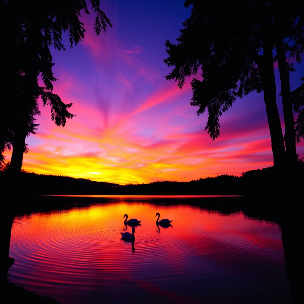 A beautiful sunset over a tranquil lake, with vibrant colors reflecting off the water